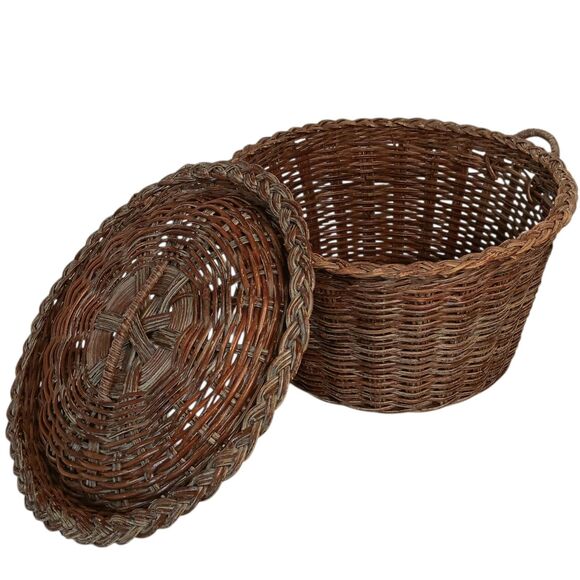 Vintage Wicker Rattan Basket With Lid Reddish Brown 12" x 6" - Picture 4 of 12